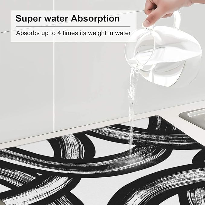 Black and White Abstract Curved Dish Drying Mats, Absorbent Microfiber Modern Drying Pad for Kitchen Counter, Washable Reversible Foldable, 16 x 18 Inch for Dishes, Sink, Utensils, Home Decor, Black