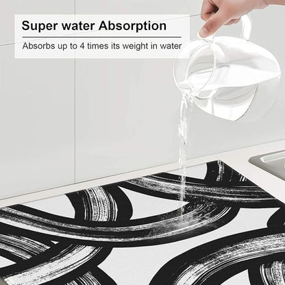 Black and White Abstract Curved Dish Drying Mats, Absorbent Microfiber Modern Drying Pad for Kitchen Counter, Washable Reversible Foldable, 16 x 18 Inch for Dishes, Sink, Utensils, Home Decor, Black