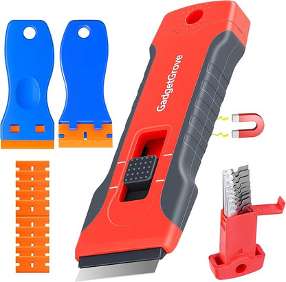 Razor Blade Scraper with 2 Pcs Plastic Scraper, Scraper Tool for Cooktop, Oven, Stove, Labels Decal, Plastic Blades for Clean Glass Window, Scraper Buit-In Blade torage, Upgraded Lock Mechanism,Gray
