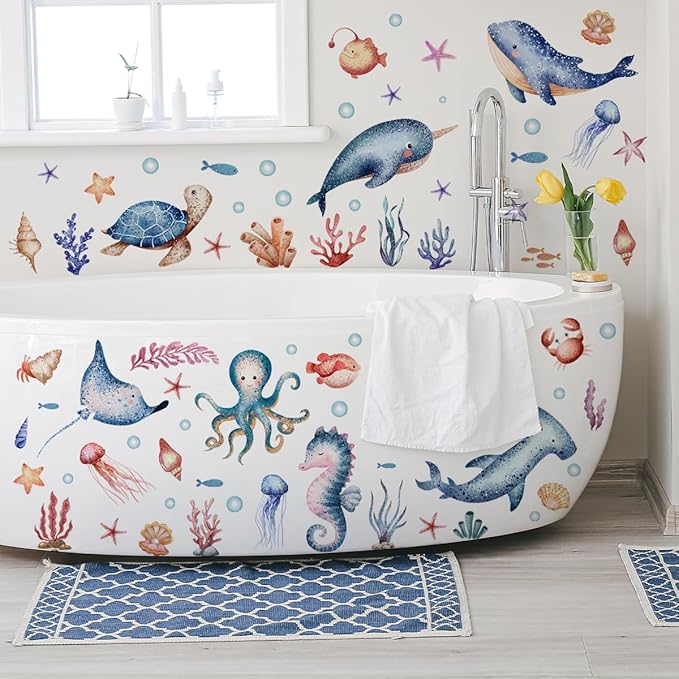 Wall Stickers Decals Kids Peel and Stick Removable for Nursery Kids Bedroom Living Room décor Boys Playroom (Cartoon Ocean)