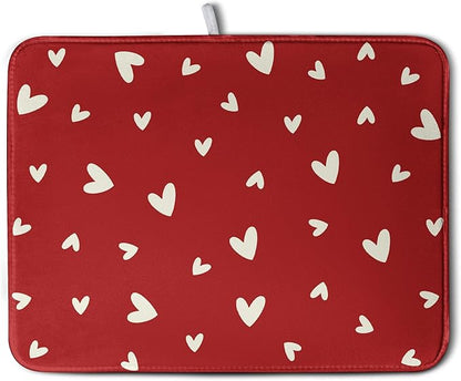 Valentine's Day Love Heart Dish Drying Mat for Kitchen Counter 18x24 Inch Valentine Theme Dish Mats Absorbent Microfiber Dish Draining Mat Reusable Washable Dish Drainer Rack Pad