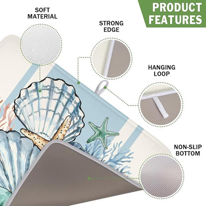Summer Sea Shell Drying Mat 18x16 Inch, Starfish Drying Mat with Absorbent Reversible Microfiber, Coastal Dish Drainer Mats Holiday Ocean Rack Pad for Coffee Countertop Kitchen Protector