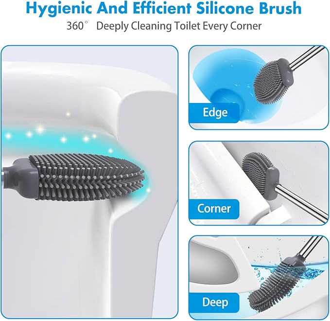 Toilet Brush, Silicone Toilet Brush and Holder, Flexible Toilet Bowl Brush Head with Ventilated Holder, Wall Mounted Compact Toilet Brush Set for Bathroom Cleaning (1, Gray)