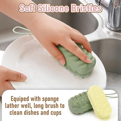 Silicone Sponge 3 Pack Dish Scrubber Sponges Pad Reusable & Long Lasting, Silicone Kitchen Scrubber with Sponge, Non-Scratch Dishwashing Gloves with Bristles for Fruits Vegetables House Cleaning Pink