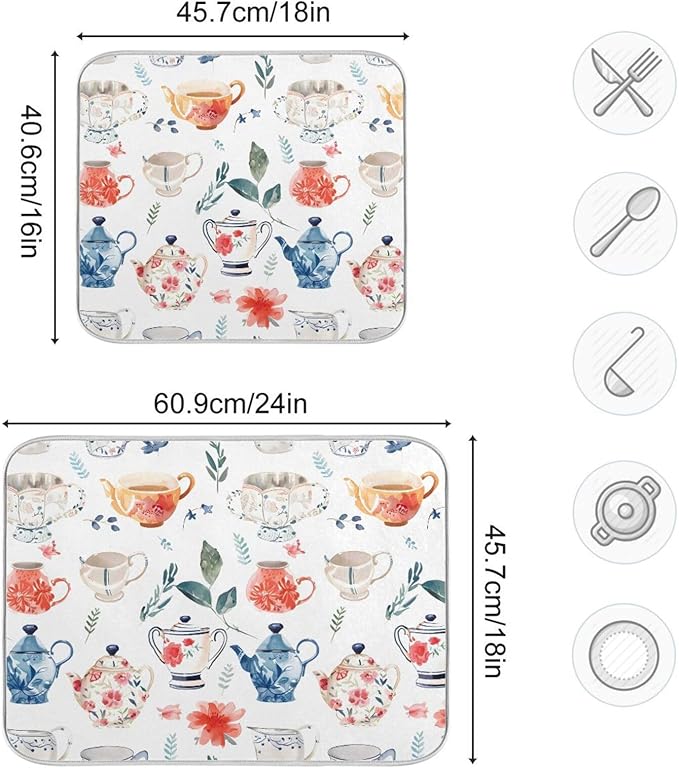 Watercolor Tea Cups Teapots Dish Drying Mat for Kitchen Counter Absorbent Microfiber Drying Pad, Medium 16x18 in, Reversible Drainer Mats