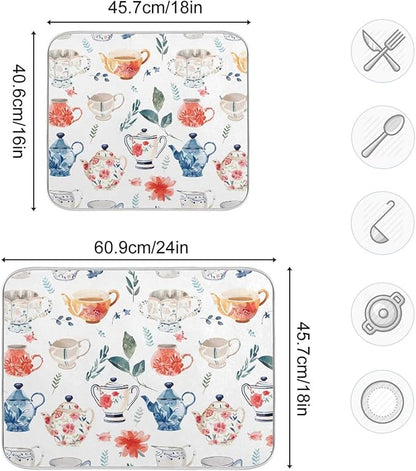 Watercolor Tea Cups Teapots Dish Drying Mat for Kitchen Counter Absorbent Microfiber Drying Pad, Medium 16x18 in, Reversible Drainer Mats