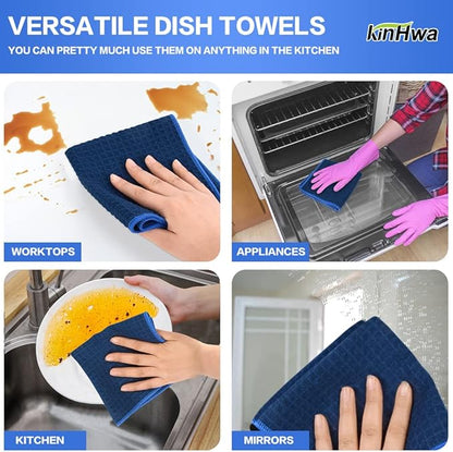 KinHwa Microfiber Dish Cloths Thick Waffle Weave Kitchen Dish Rags Ultra Absorbent Dishcloths 12inch x 12inch 6 Pack - Navyblue