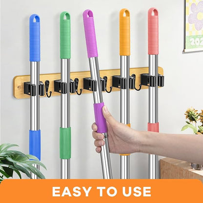 IMILLET Broom Holder Wall Mount, Bamboo Broom Hanger with 5 Racks 4 Hooks, Mop and Broom Holder Wall Mount Self Adhesive, Home Organization and Storage for Laundry Room, Closet, Utility Room