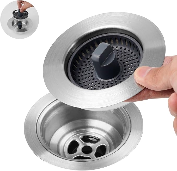 Universal Sink Stopper Strainer Combo, Stainless Steel Drain Stopper Kitchen Sink for US Standard 3-1/2 Inch Kitchen Sink Drain, Mesh Strainer for Food Garbage Disposal, Brushed Nickel