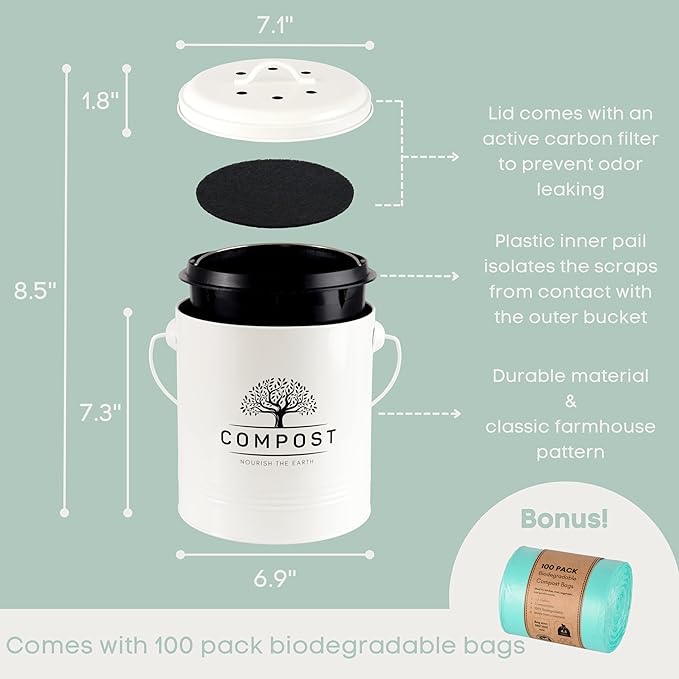 Perfnique Kitchen Compost Bin, 1.3 Gallon Countertop Compost Bin with Lid, Indoor Compost Bucket Includes Inner Bucket Liner and Carbon Filter, Small Compost Bin with Trash Bags (with Bags, Cream)