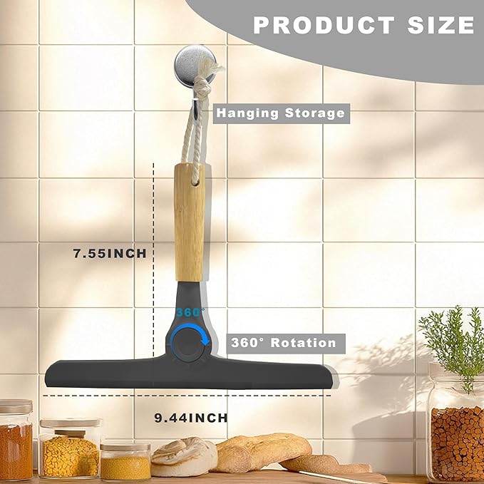 Show Squeegee for Glass Door Bathroom Squeegee with Bamboo Handle Show Wiper for Glass Door Window Tile Wall Car Windshield Mirror (Black)