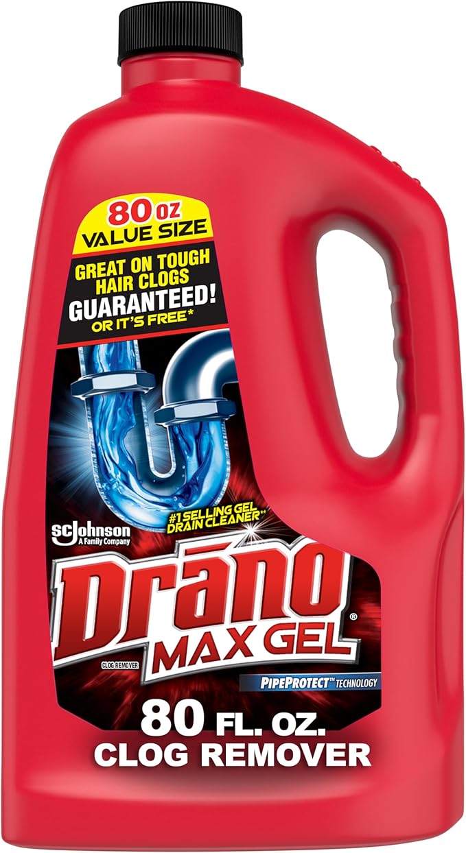 Drano Max Gel Drain Clog Remover & Cleaner, Fast-Acting to Unclog Standing Water & Remove Hair, Grease & Food Blockages, Safe for all Pipes & Septic, Kitchen Sinks, Bathroom Showers & Tubs, 80 Oz