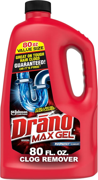 Drano Max Gel Drain Clog Remover & Cleaner, Fast-Acting to Unclog Standing Water & Remove Hair, Grease & Food Blockages, Safe for all Pipes & Septic, Kitchen Sinks, Bathroom Showers & Tubs, 80 Oz
