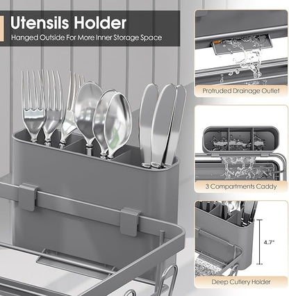 Urackify Dish Drying Rack for Kitchen Counter, Sink Dish Rack with Drainboard, Large Dish Drainer with Cups Holder, Home Countertop Plate Dryer Storage Rack with Cutlery Holder, Gray