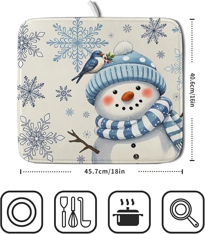 Winter Snowman Dish Drying Mat for Kitchen Counter 16x18 Blue Snowflake Bird Christmas Holiday Absorbent Reversible Microfiber Drying Mats Kitchen Countertop Protector Dishes Drainer Rack Pad