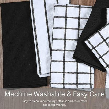 Assorted Waffle Kitchen Towels 100% Cotton Set of 6 - Heavy Duty 320 GSM Quality Dish Cloths - Soft Absorbent Washable for Kitchen Use - Quick Drying Dish Towel 16x26 inch Black