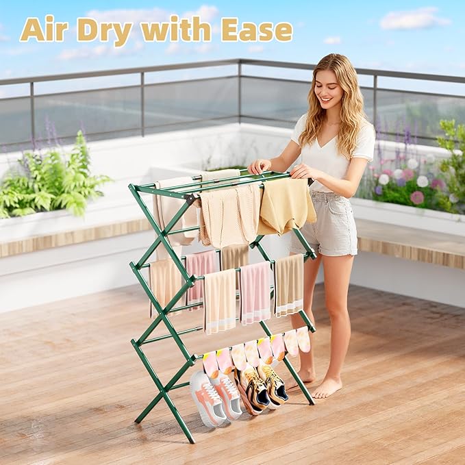 BAKON Clothes-Drying-Rack-Foldable for Small Space, Laundry-Drying Rack Collapsible for Hanging Clothes, Metal Clothing Dry Rack Suit for Indoor & Outdoor, Dorm Room, Apartments, RV, Green