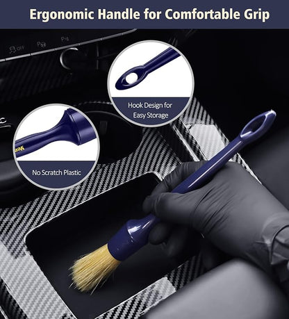 YeewayVeh Car Detailing Brush Set, 3 Pack Ultra Soft Boars Hair Detailing Brushes for Leather Seat Air Vents Engine Bay, Auto Detail Brushes Car Detailing for Interior Exterior, Indigo