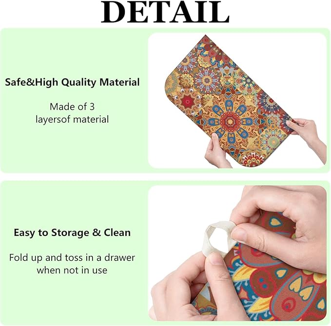 Boho Dish Drying Mat for Kitchen Countertops, Bohemian Floral Microfiber Drying Mat, Washable Absorbent Farmhouse Plaid Kitchen Countertop Dish Drainer, 16x18 Inch
