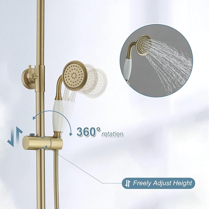 BWE Brushed Gold Triple-Function Shower Fixture Rainfall Shower Set with Adjustable Hand Sprayer and Tub Spout High Pressure Bathroom Shower Fixture Wall Mount Complete Set