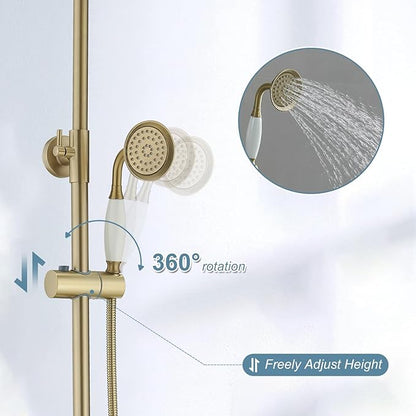 BWE Brushed Gold Triple-Function Shower Fixture Rainfall Shower Set with Adjustable Hand Sprayer and Tub Spout High Pressure Bathroom Shower Fixture Wall Mount Complete Set