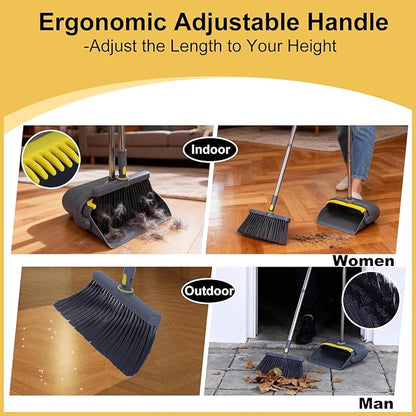 Heavy Duty Broom and Standing Dustpan Combo Set, Rotatable Head Dust Pan and Brush Set with Collapsible Handle, Cleaning Teeth, Hanging Loop, Ideal for Pets, RV, Kitchen, Camping, Outdoor Floor, Gray