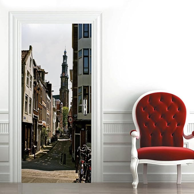 A.Monamour 3D Door Stickers for Interior Doors Tower of Westerkerk Church in Amsterdam, Netherlands Vinyl Waterproof Self Adhesive Door Mural Decals for Bedroom Office Bathroom 90x200cm