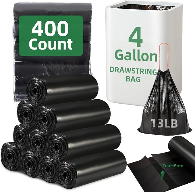 400 Counts 4 Gallon Trash Bag Drawstring Small Trash Bags, Thick Pre-separated Garbage Bags, Trash Bin Liners, Suitable for bathroom, kitchen, bedroom, office (Black)