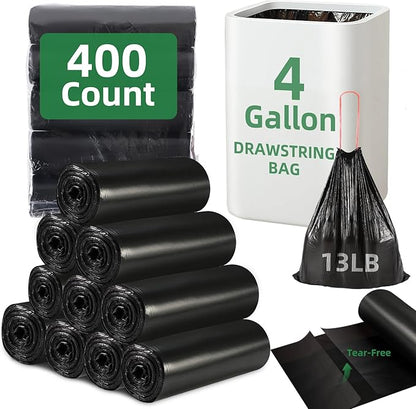 400 Counts 4 Gallon Trash Bag Drawstring Small Trash Bags, Thick Pre-separated Garbage Bags, Trash Bin Liners, Suitable for bathroom, kitchen, bedroom, office (Black)