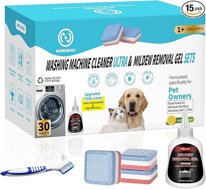 Washing Machine Cleaner -15 Pack, Formulated for Pet Owners | Compatible with HE, Top & Front Load Washer | Septic Safe | Fresh Scent | Removes Residue | Remove Stubborn Pet Hair