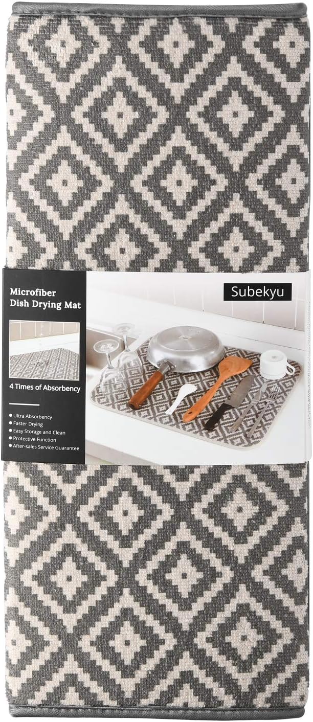 SUBEKYU Microfiber Dish Drying Mat for Kitchen Counter, Absorbent Dishes Drainer/Rack Pad for Countertop, 19.2 by 15.8 Inches (Rhombus), Grey, 1 Pack