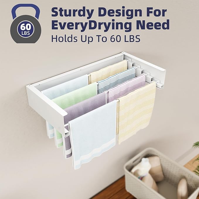 ZMBESUP Laundry Drying Rack - Collapsible Wall Mounted Rack, 23.6" Wide, 11.2 Linear Ft, 4 Aluminum Rods, 60 lb Capacity (White)