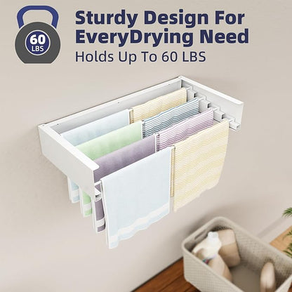 ZMBESUP Laundry Drying Rack - Collapsible Wall Mounted Rack, 23.6" Wide, 11.2 Linear Ft, 4 Aluminum Rods, 60 lb Capacity (White)