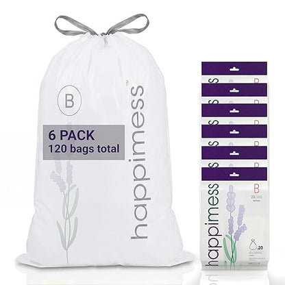 happimess 5.3 Gallon (20L) Drawstring Trash Bags, Lavender Scent, White, Heavy Duty MDPE Liners for Kitchen and Household, Odor Control, Custom Fit 120 Count (6 Packs of 20 Liners) HPM3101B-W-6SET
