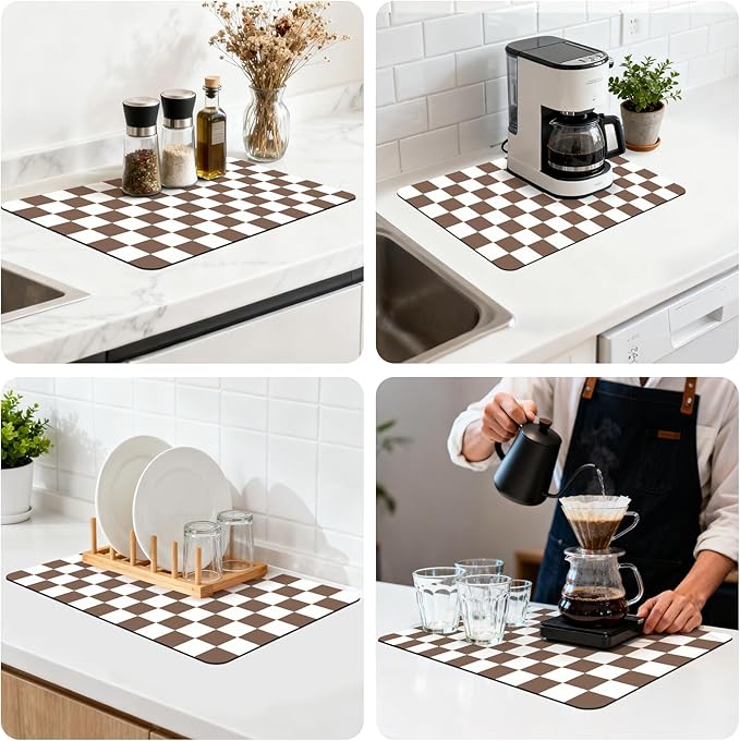 16" x 24" Checkered Dish Drying Mat for Kitchen Counter, Absorbent Coffee Bar Mat for Espresso Machine Coffee Countertops Accessories (Coffee Brown)