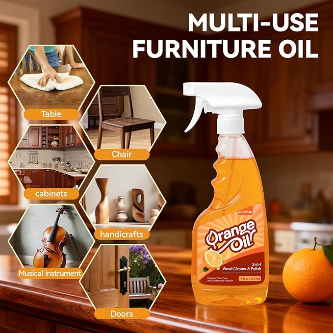 2-in-1 Furniture Polish Wood Cleaner - 2Pack Natural Orange Oil Spray Protect Wood Surface Safely, Enhanced Furniture Restorer Finish Cabinets, Tables, Antique, Floor, 32oz Total