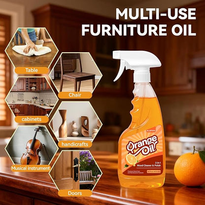 2-in-1 Furniture Polish Wood Cleaner - 2Pack Natural Orange Oil Spray Protect Wood Surface Safely, Enhanced Furniture Restorer Finish Cabinets, Tables, Antique, Floor, 32oz Total