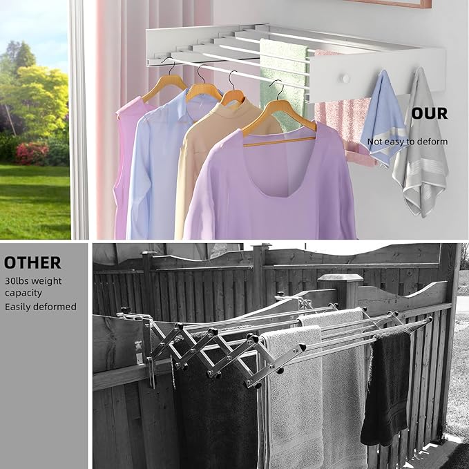 Upgrade Wall Mounted Drying Rack with 6 Hooks, 31.5" Foldable Laundry Rack, 5 Rods & Hooks Space Saver for Bathroom, Collapsible Clothing Rack with Template for Indoor Outdoor (White)