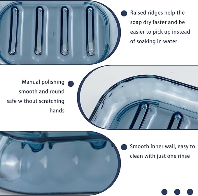 2 Pack Bar Soap Dish Holder, Plastic Clear Waterfall Soap Tray Dryer, Self Draining Soaps Saver for Shower, Kitchen Sink, Bathroom Restaurant Counter, Hotel (Blue)