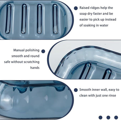 2 Pack Bar Soap Dish Holder, Plastic Clear Waterfall Soap Tray Dryer, Self Draining Soaps Saver for Shower, Kitchen Sink, Bathroom Restaurant Counter, Hotel (Blue)