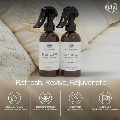 Muse Apothecary Linen Ritual - Aromatic, Soothing, and Relaxing Linen Mist, Laundry and Fabric Spray - Infused with Aromatherapy Essential Oils - 4 oz, Tonka Bean + Amber + Warm Cedarwood