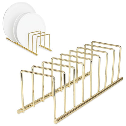 Spectrum Euro Kitchen Organizer Metal Dish Rack Cutting Board Holder Stand for Countertop or Inside Cabinet Organization, 8 Slot Cutting Board Plate Drying Rack for Bakeware Storage, Gold