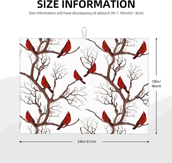 Winter Cardinal Birds Microfiber Dish Drying Mat for Kitchen Counter 18"x24" Christmas Dishes Drying Pad Dish Drainer Rack Mats Absorbent Washable Reusable Christmas Kitchen Home Holiday Decor