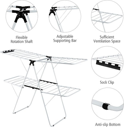 Tangkula Foldable Clothes Drying Rack, 2-Level Folding Drying Rack for Indoor Outdoor Use, Drying Rack Clothing w/Height-Adjustable Gullwing, 33 Drying Rails, Sock Clips