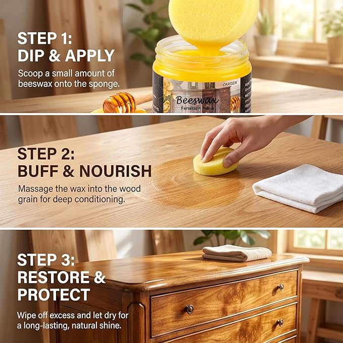 CARGEN Beeswax Furniture Polish, Wood Seasoning Beeswax for Furniture Wood Polish for Floor Tables Chairs Cabinets for Home Furniture to Protect and Care 1pcs Wood Wax and Sponge.