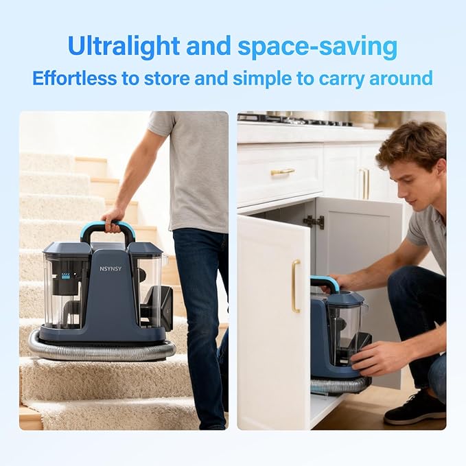 Portable Carpet & Upholstery Spot Cleaner, Compact Strong-Suction Machine with Scrubbing Brush, Removes Pet Stains, Spills & Dirt from Furniture, Stairs, Rugs, Mattresses & Car Interiors