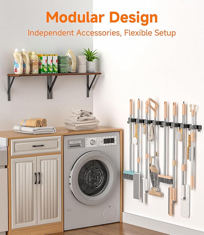 Broom Holder Wall Mount with Organizer Shelf, Space-Saving Broom and Mop Organizer Wall Hanging with 4 Broom Slots 5 Removable Hooks, Laundry Room Shelves for Laundry Room, Garage, Garden, Closet