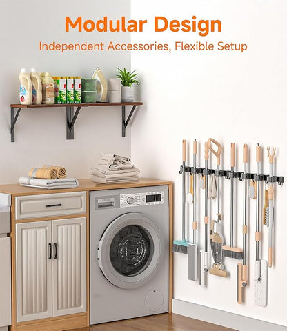 Broom Holder Wall Mount with Organizer Shelf, Space-Saving Broom and Mop Organizer Wall Hanging with 4 Broom Slots 5 Removable Hooks, Laundry Room Shelves for Laundry Room, Garage, Garden, Closet