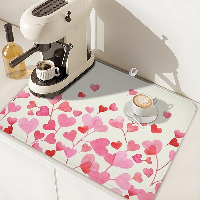 Valentine's Day Dish Drying Mat for Kitchen Counter Pink Love Heart Pattern Drying Mat 18x24 Inch Valentines Holiday Absorbent Dish Drainer Mat Kitchen Accessories