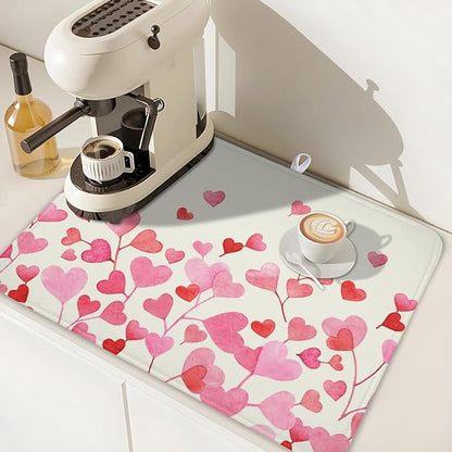 Valentine's Day Dish Drying Mat for Kitchen Counter Pink Love Heart Pattern Drying Mat 18x24 Inch Valentines Holiday Absorbent Dish Drainer Mat Kitchen Accessories